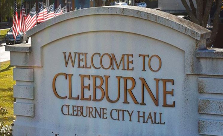 Cleburne City Hall and historic courthouse area in Cleburne, Texas