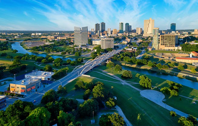 View of Fort Worth, Texas skyline and city area in North Texas