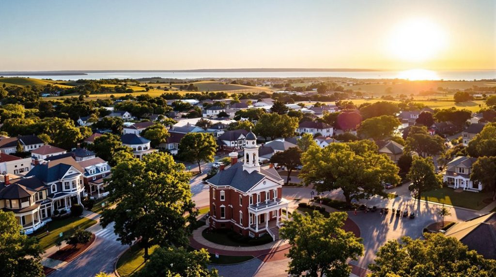 View of Granbury, Texas, historic downtown and surrounding area in Hood County