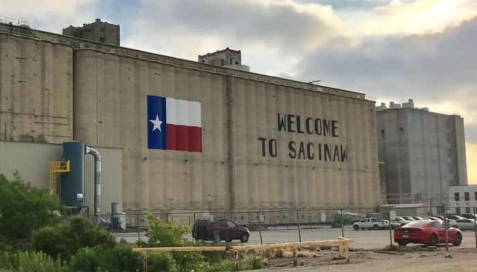 Welcome to Saginaw, Texas sign or city entrance in Tarrant County northwest of Fort Worth